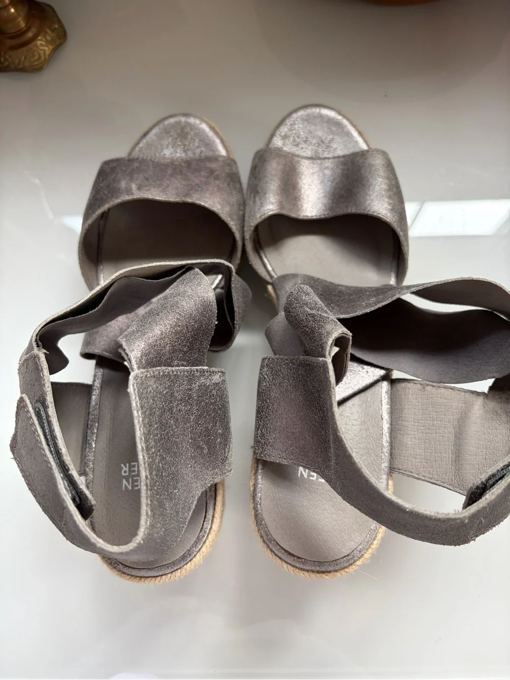 Eileen Fisher Willow Metallic Gray Suede Crisscross Espadrille Wedge NWOT